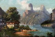 August Peters Cottage with lake and mountains oil painting on canvas